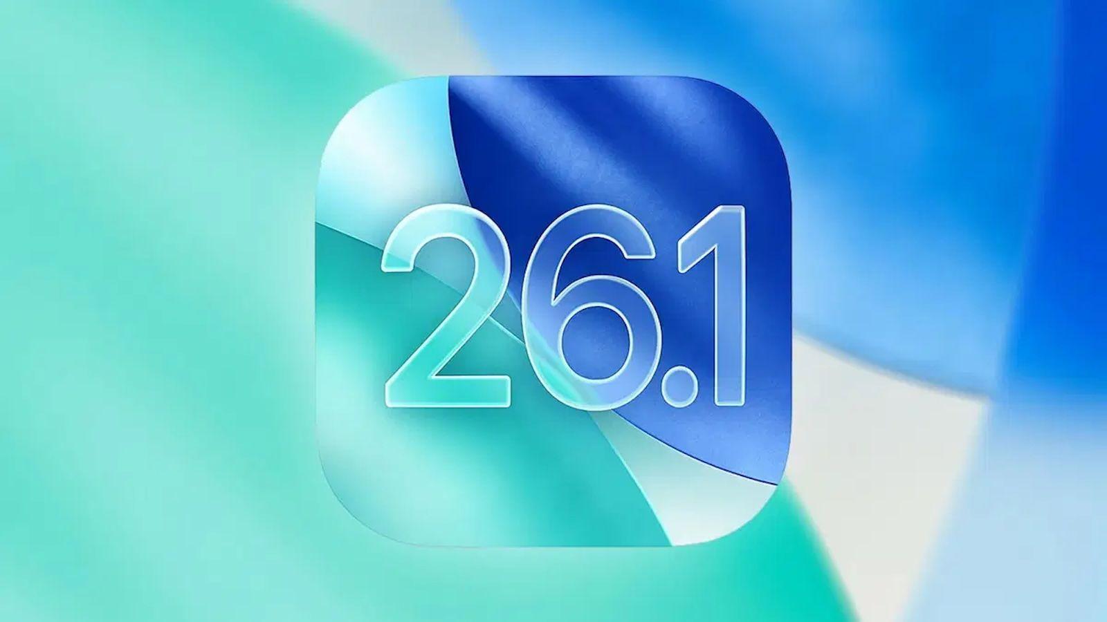 iOS 26.1 logo with blue and green gradient background.