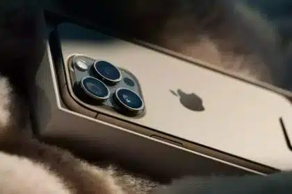 Close-up of an iPhone 16 Pro Max in its box.