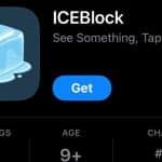 Screenshot of the ICEBlock app listing on the App Store showing its ice cube icon and download button.