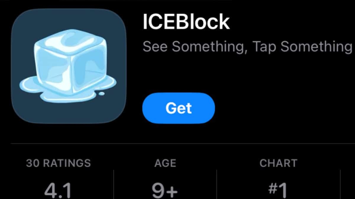 Screenshot of the ICEBlock app listing on the App Store showing its ice cube icon and download button.