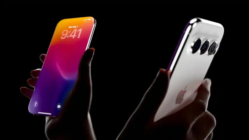 Hands holding an iPhone 20 prototype showing the front display and triple-camera back design.