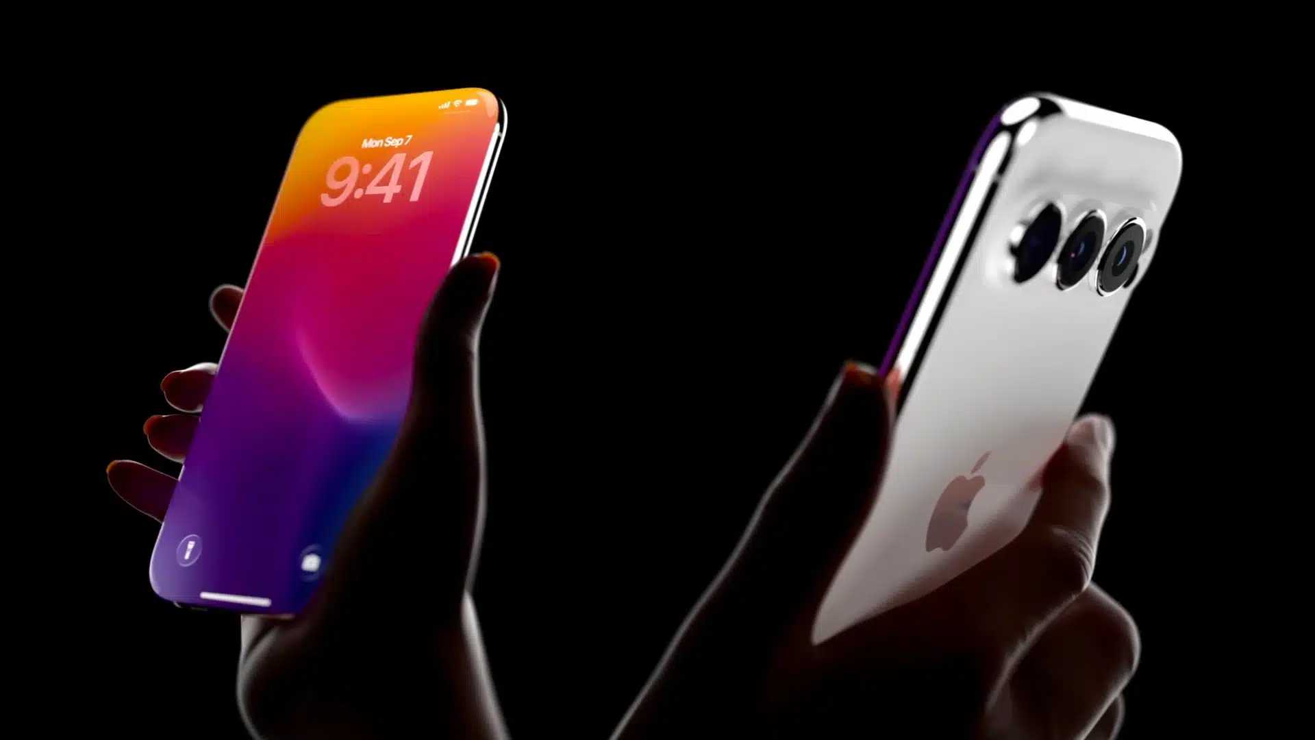 Hands holding an iPhone 20 prototype showing the front display and triple-camera back design.