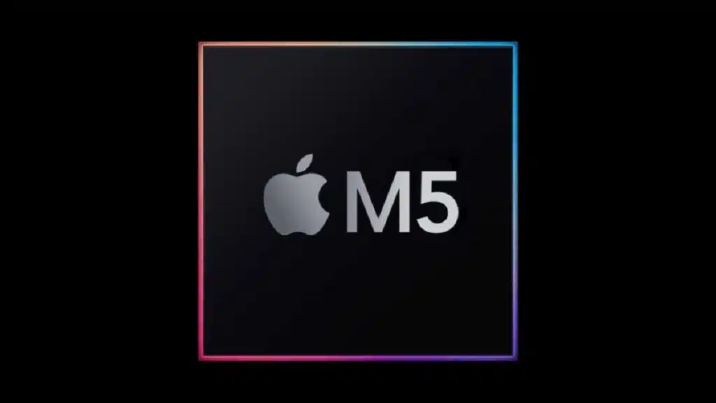 Apple M5 chip logo on a dark background.