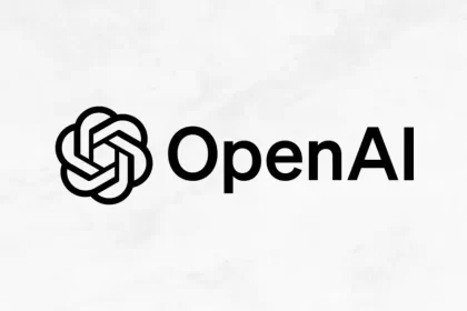 A black OpenAI logo on a white background featuring the company’s knot-like icon and name.