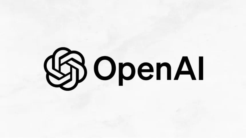 A black OpenAI logo on a white background featuring the company’s knot-like icon and name.