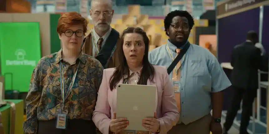 Four coworkers from Apple’s “Underdogs” ad look shocked while holding an iPad at a tech convention.
