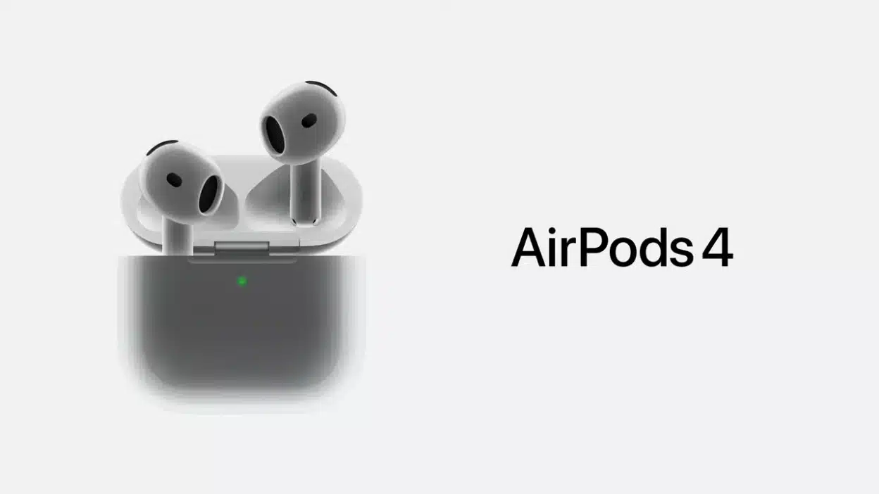 AirPods 4 earbuds in an open charging case on a white background.