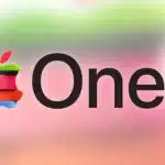 Apple One logo with colourful, sliced layers next to the word “One” on a blurred background.