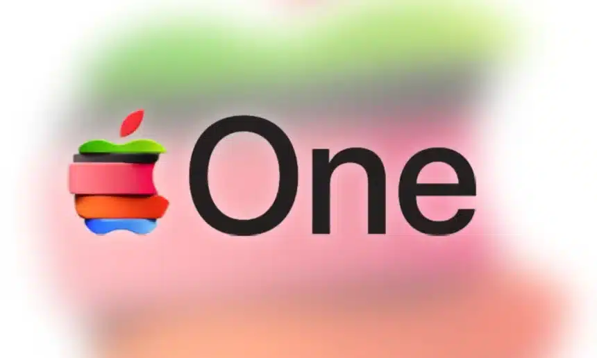 Apple One logo with colourful, sliced layers next to the word “One” on a blurred background.