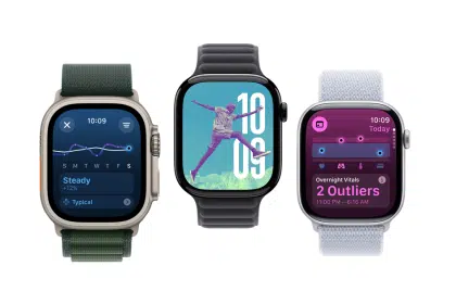 Three Apple Watch Series 11 models displaying different screens.