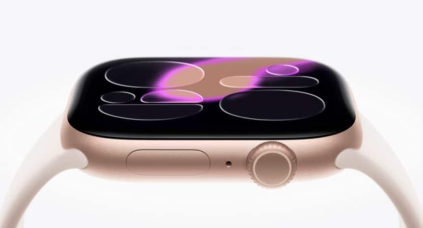 Apple Watch with a curved display and gold casing.