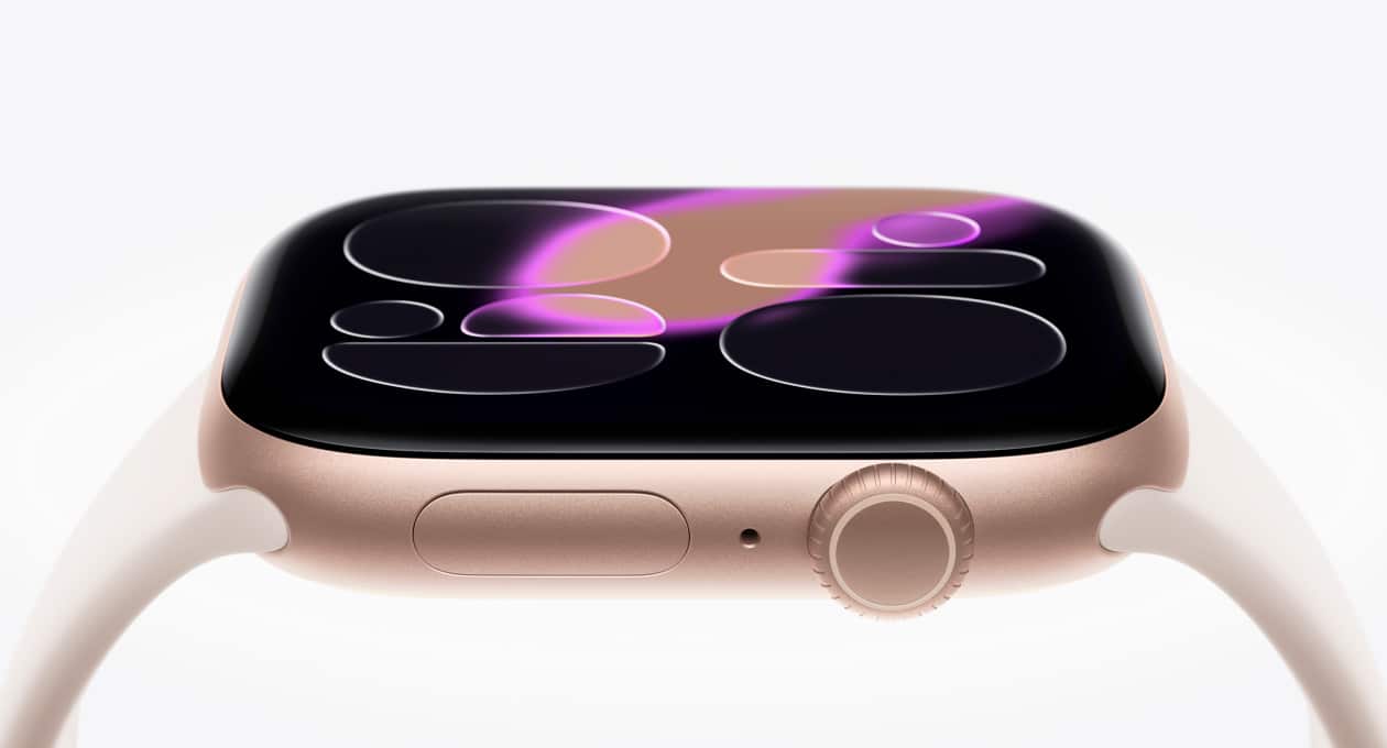 Apple Watch with a curved display and gold casing.