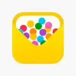 Apple Invites app icon showing a yellow envelope filled with colourful confetti circles.