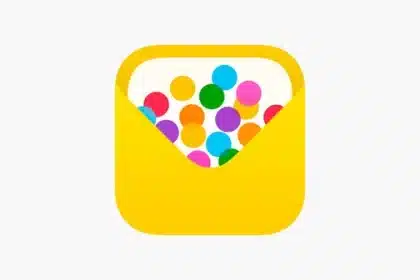 Apple Invites app icon showing a yellow envelope filled with colourful confetti circles.