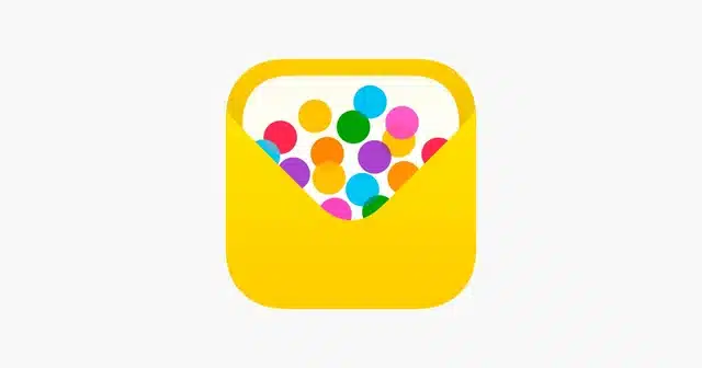 Apple Invites app icon showing a yellow envelope filled with colourful confetti circles.