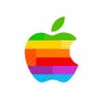 Colourful Apple logo with bright, patterned stripes.