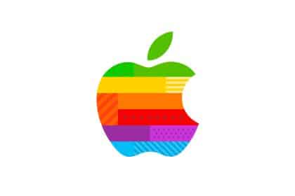 Colourful Apple logo with bright, patterned stripes.