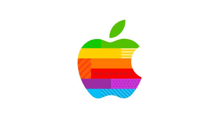 Colourful Apple logo with bright, patterned stripes.