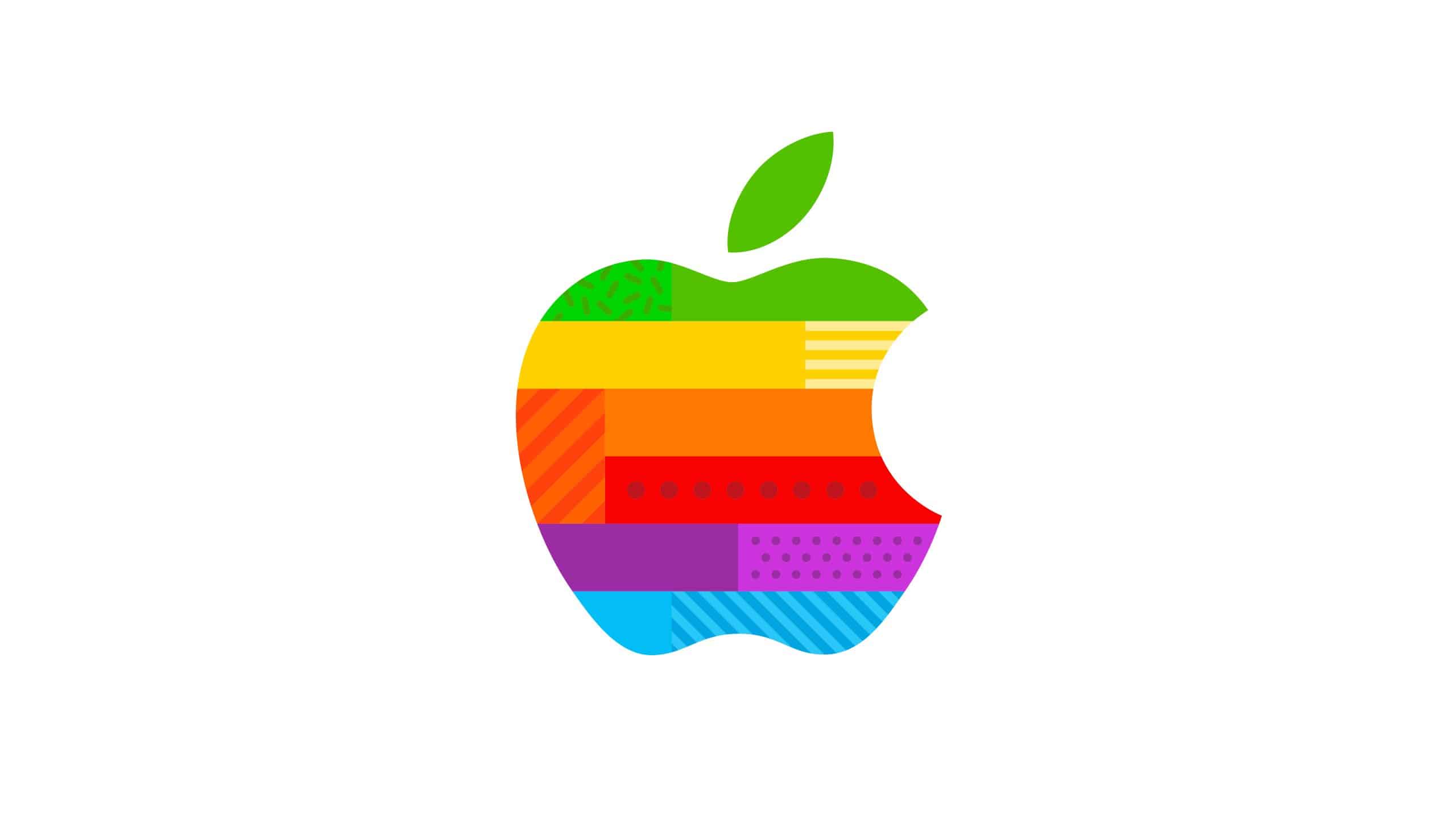 Colourful Apple logo with bright, patterned stripes.