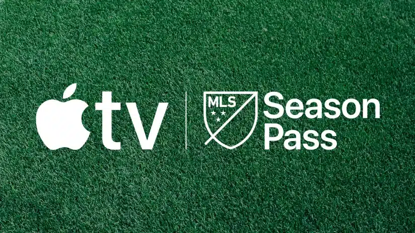 Apple TV and MLS Season Pass logos displayed on a green grass background.