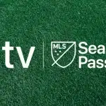 Apple TV and MLS Season Pass logos on a grass background.