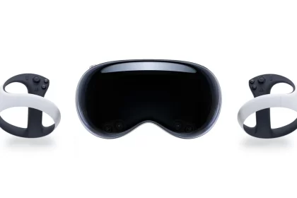 PSVR2 headset with two white Sense controllers on a white background.