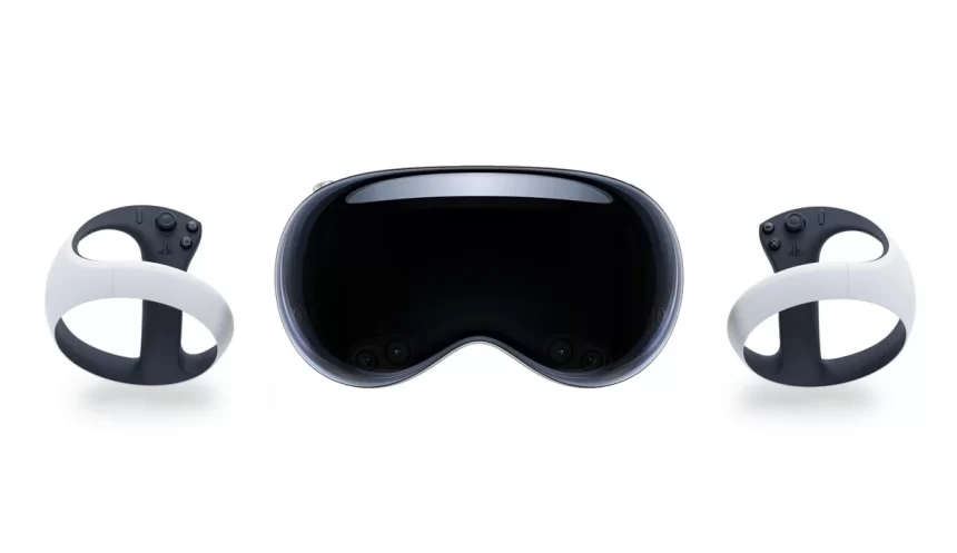 PSVR2 headset with two white Sense controllers on a white background.