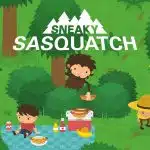 Cartoon scene from Sneaky Sasquatch showing characters in a forest picnic setting.