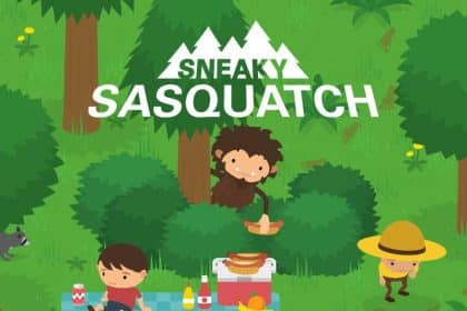Cartoon scene from Sneaky Sasquatch showing characters in a forest picnic setting.