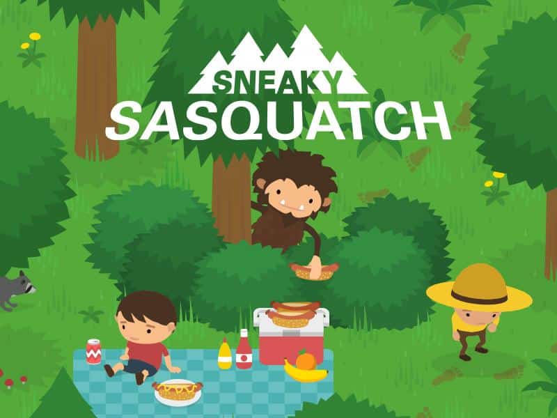 Cartoon scene from Sneaky Sasquatch showing characters in a forest picnic setting.