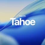 macOS Tahoe logo displayed on a blue and beige abstract background.