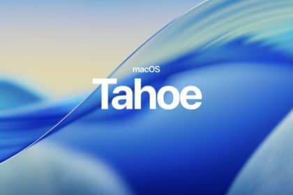 macOS Tahoe logo displayed on a blue and beige abstract background.
