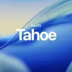 macOS Tahoe logo over a blue wave background.