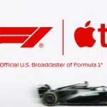 Apple TV and Formula 1 logos with blurred race cars at the bottom.