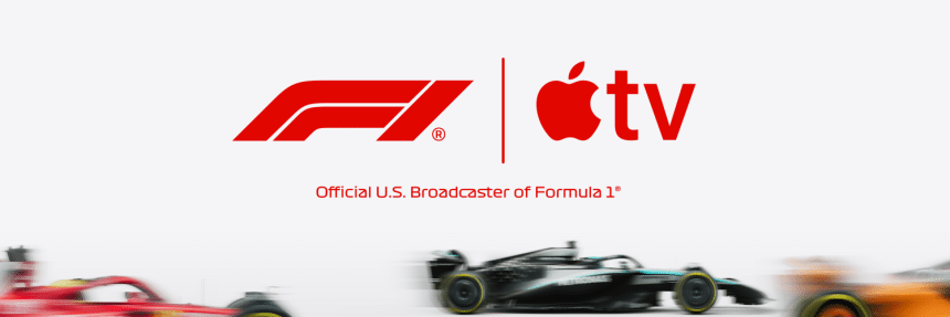 Apple TV and Formula 1 logos with blurred race cars at the bottom.