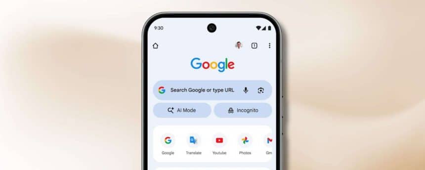 Google Chrome mobile screen showing the new AI Mode button next to the search bar.