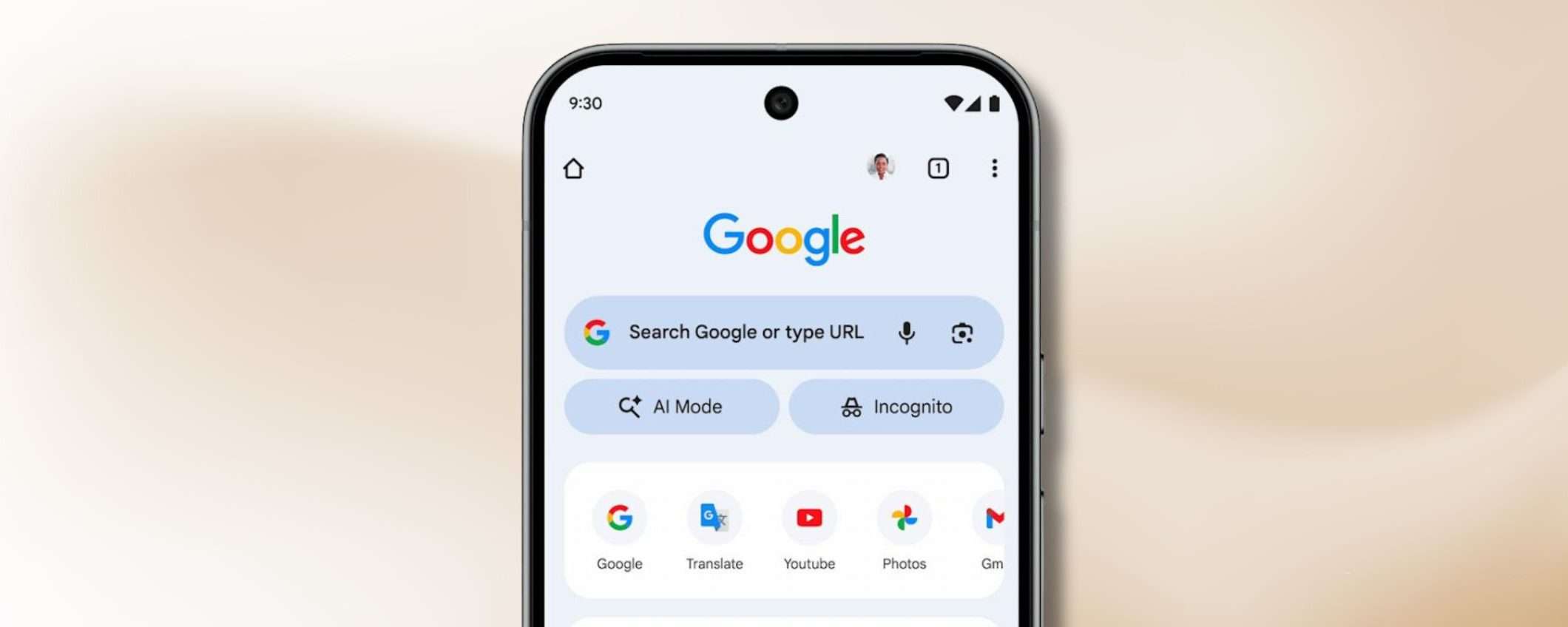Google Chrome mobile screen showing the new AI Mode button next to the search bar.