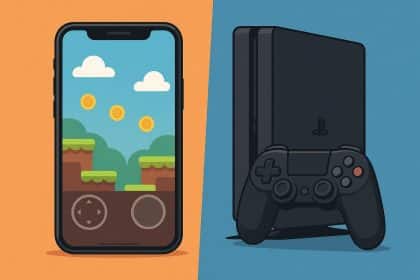 Smartphone and gaming console side by side showcasing mobile gaming competition with consoles