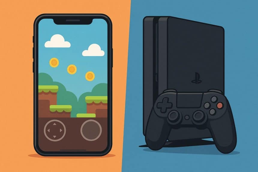 Smartphone and gaming console side by side showcasing mobile gaming competition with consoles