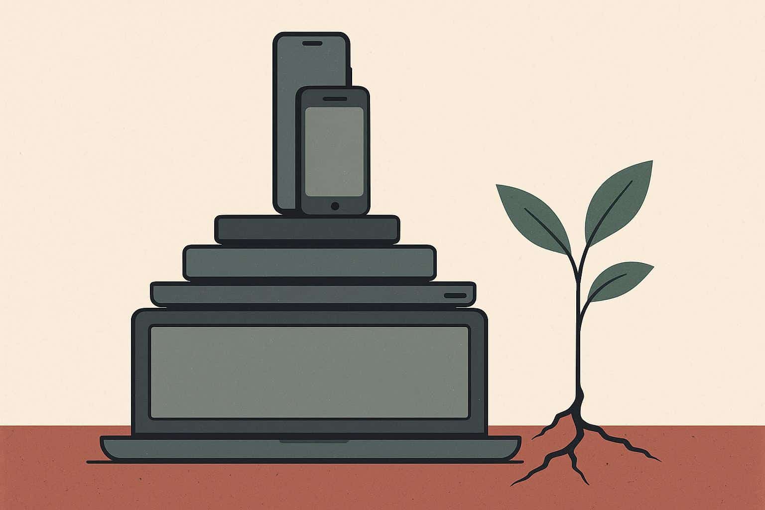 Minimalist technology devices illustrating the concept of tech degrowth and intentional innovation