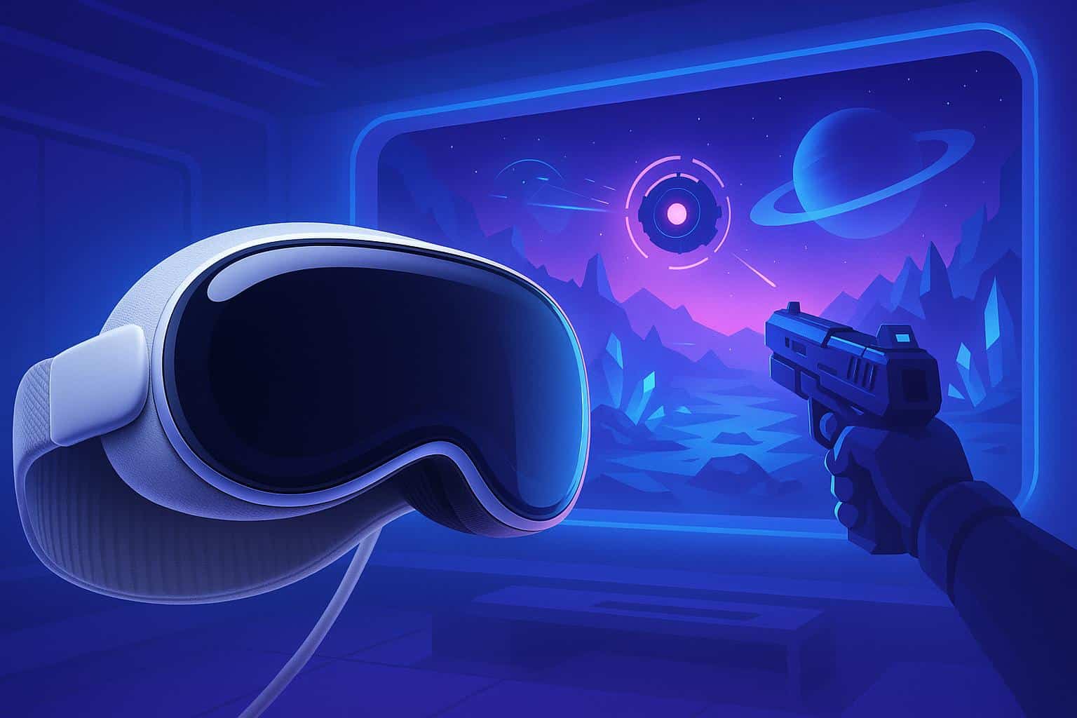 Apple Vision Pro headset with virtual gaming elements illustrating future of online gaming technology