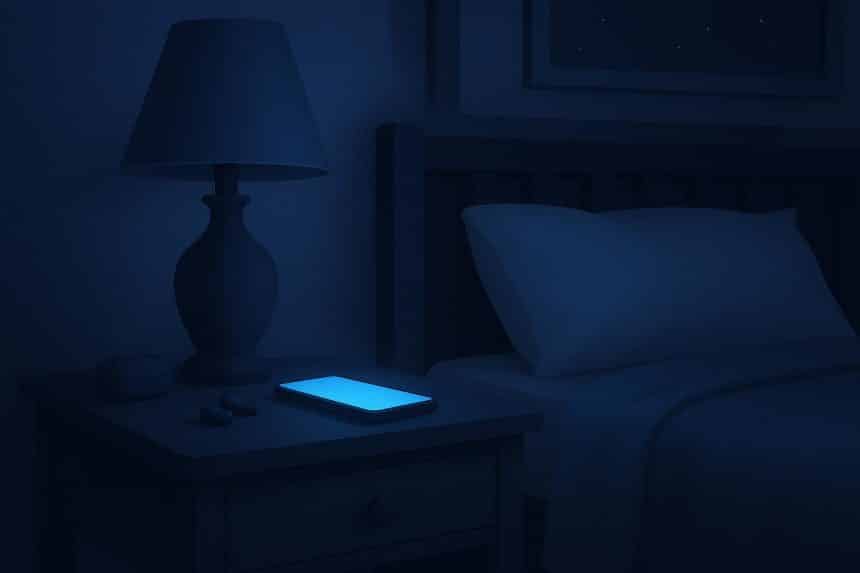 Blue-lit smartphone on nightstand beside bed, illustrating tech causing sleep disruption