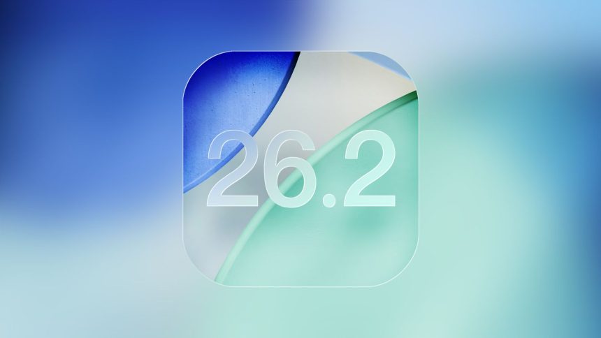 iOS 26.2 logo with blue and green gradient background.