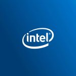 Intel logo on a blue background.