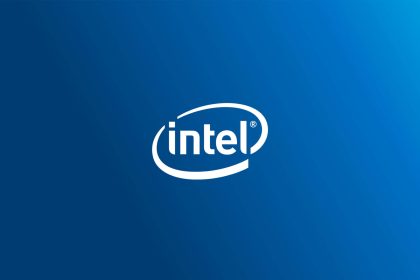 Intel logo on a blue background.