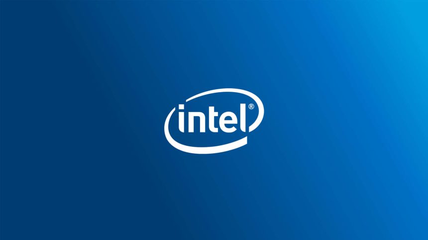 Intel logo on a blue background.