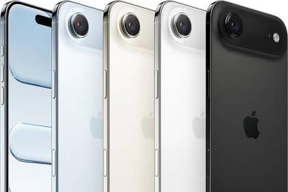 Lineup of iPhone Air models in silver, gold, white, and black colours.