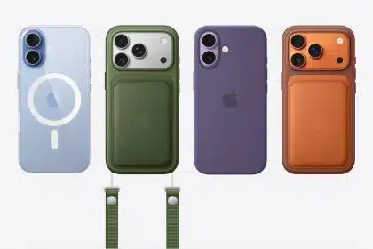 Four iPhones shown with different coloured Apple cases and wallets.