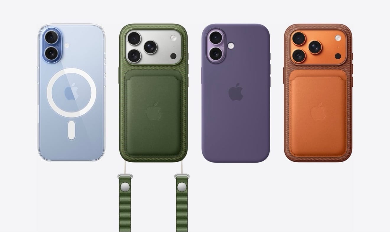 Four iPhones shown with different coloured Apple cases and wallets.