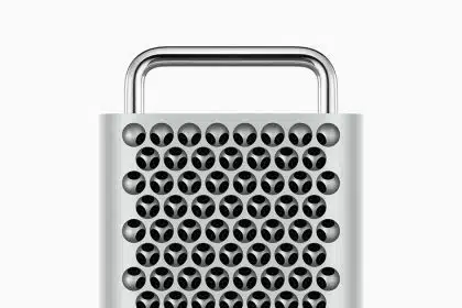 Close-up of the Mac Pro’s front grille and handle.